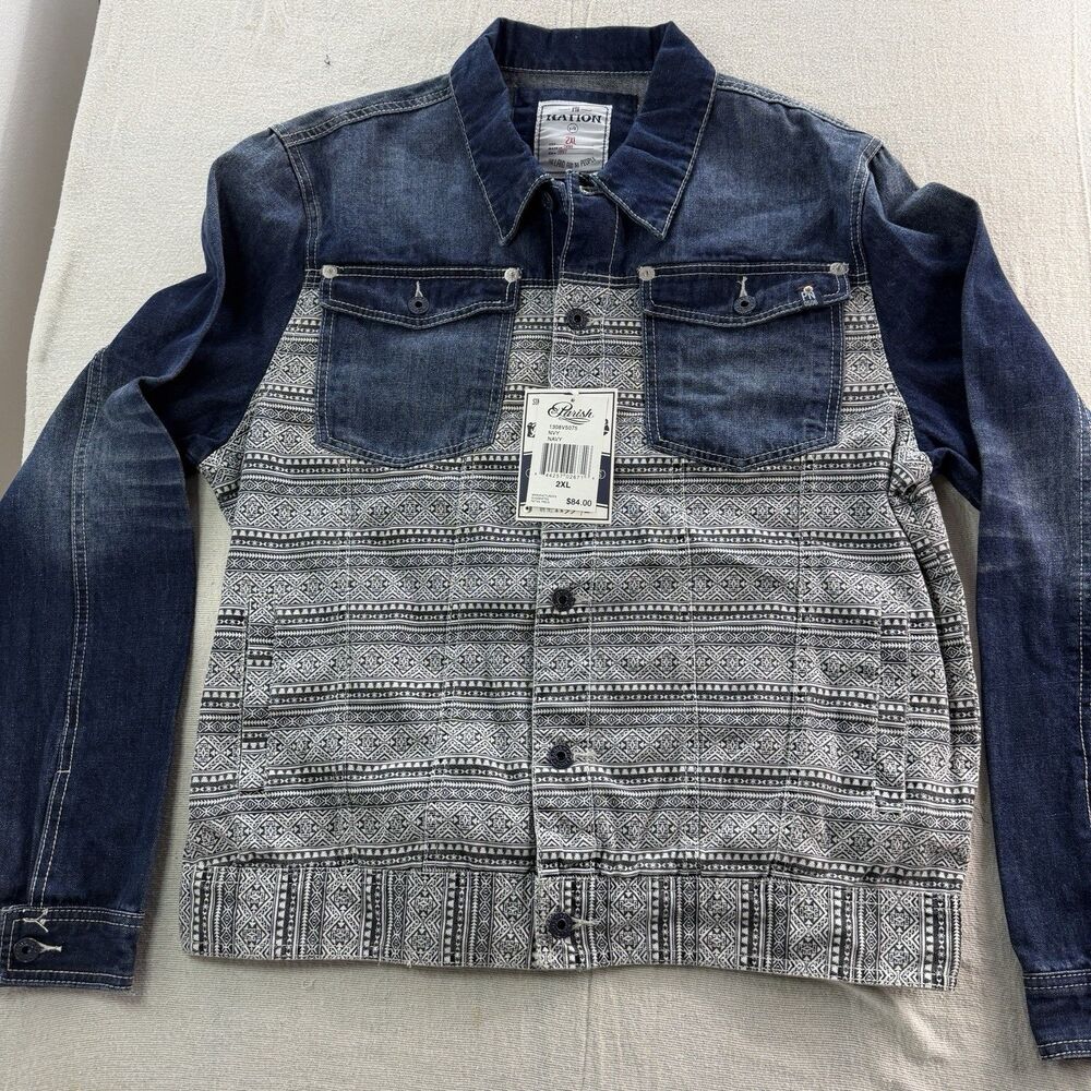 Parish Nation brand men's 2XL denim trucker jacket NWT Printed Panel